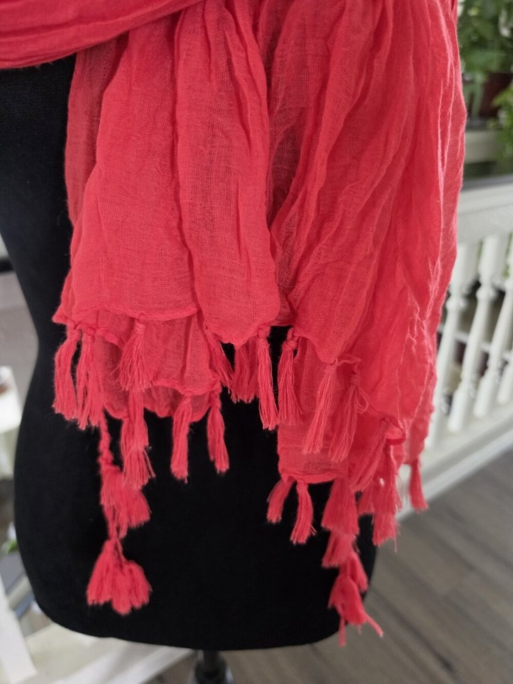 Women's coral Solid Rectangle Scarf Wrap, Lightweight Tassel Fringe Accents - Picture 5 of 5